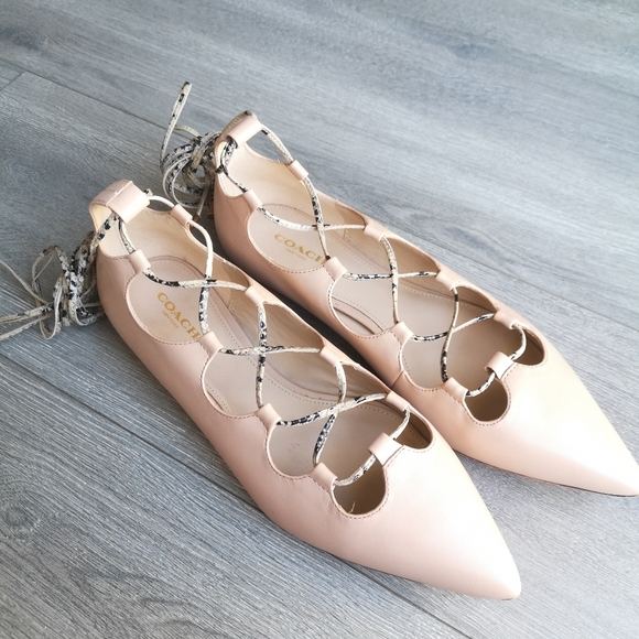 Coach Justine Leather Ghillie Lace Up Pointed Toe Ballet Flat in Nude - Picture 4 of 16
